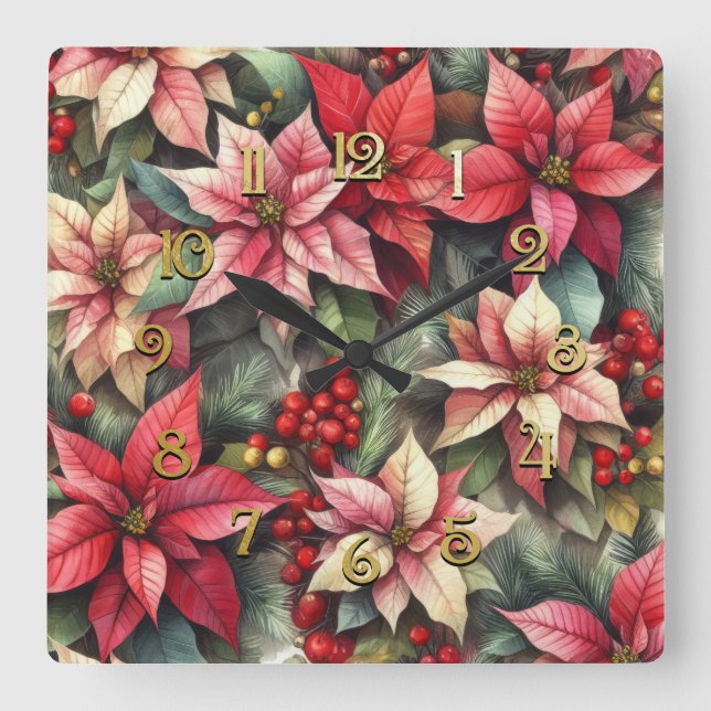 Reloj Cuadrado Poinsettia rosa y roja (Anverso)
