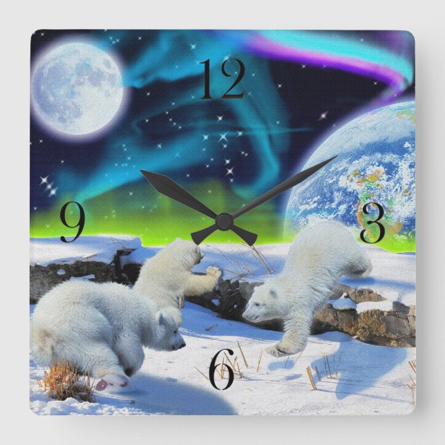 Reloj Cuadrado Polar Bear Cubs & Aurora Earth Day Clock (Anverso)