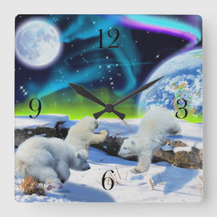 Reloj Cuadrado Polar Bear Cubs & Aurora Earth Day Clock