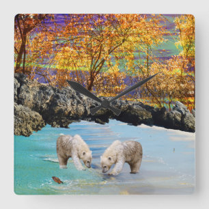 Reloj Cuadrado Polar Bear Cubs Fishing,