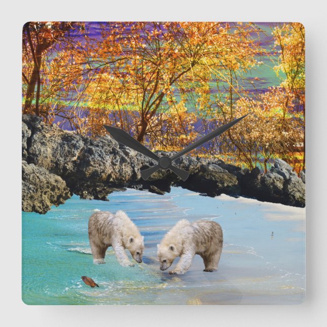 Reloj Cuadrado Polar Bear Cubs Fishing, (Anverso)