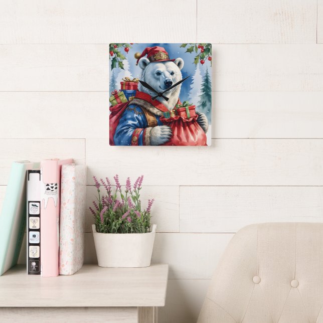 Reloj Cuadrado Polar Bear Santa Christmas Design (Sala de lectura)