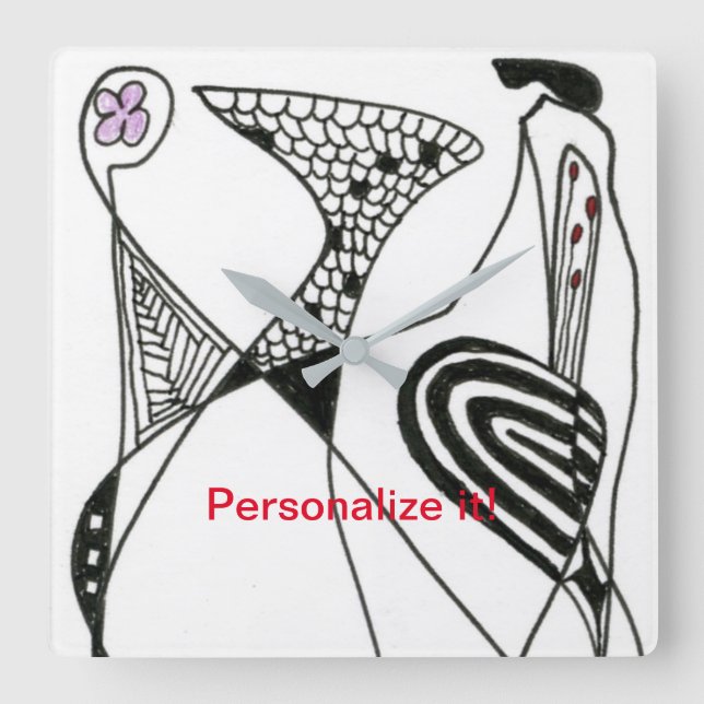 Reloj Cuadrado Pollo abstracto de "Dancing Hen" en blanco y negro (Anverso)