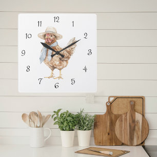 Reloj Cuadrado Pollo acuarela de primavera en cocina de campo Gor