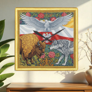 Reloj Cuadrado Polonia, Bison, Wolf, águila polaca, Art Nouveau