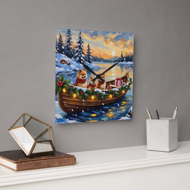 Reloj Cuadrado Pomeranian Christmas Boat Holiday (Oficina)