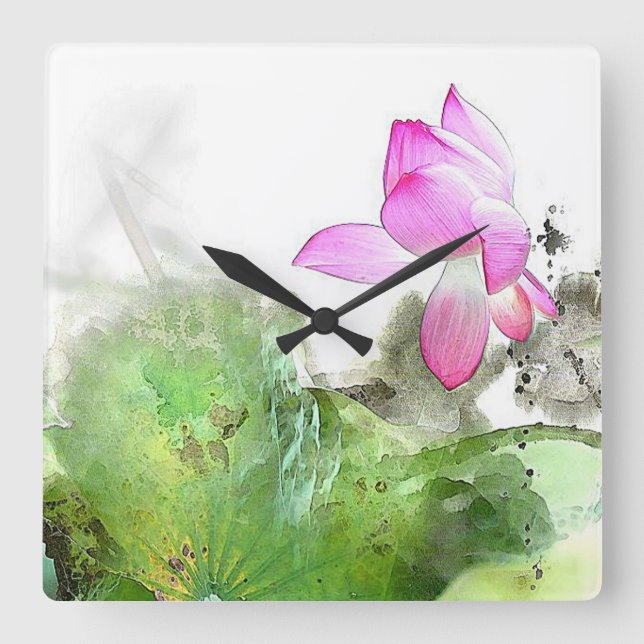 Reloj Cuadrado POND LOTUS l Arte de pintura de pincel chino (Anverso)