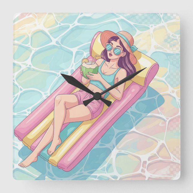 Reloj Cuadrado Pool Day Relaxing Girl (Anverso)