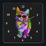 Reloj Cuadrado Pop Art fresco gato con gafas de sol<br><div class="desc">Un bonito arte pop colorido ilustracion brillante de un gatito fresco con gafas de sol. ¡Para los amantes de los gatos!</div>