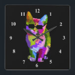 Reloj Cuadrado Pop Art fresco gato con gafas de sol<br><div class="desc">Un bonito arte pop colorido ilustracion brillante de un gatito fresco con gafas de sol. ¡Para los amantes de los gatos!</div>