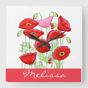 Reloj Cuadrado Poppies rojos Art Custom Name Personalizado