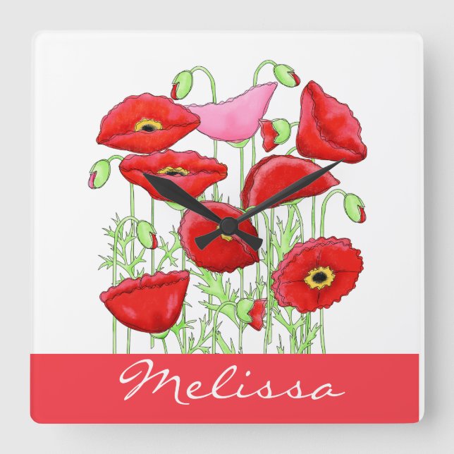Reloj Cuadrado Poppies rojos Art Custom Name Personalizado (Anverso)