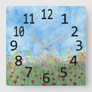 Reloj Cuadrado Poppies rojos en bloques de pintura de acuarela de