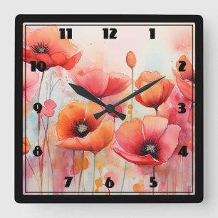 Reloj Cuadrado Poppies rojos en una acuarela de campo