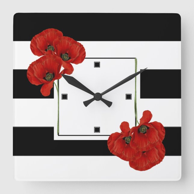 Reloj Cuadrado Poppies rojos sobre fondo rayado negro y blanco (Anverso)