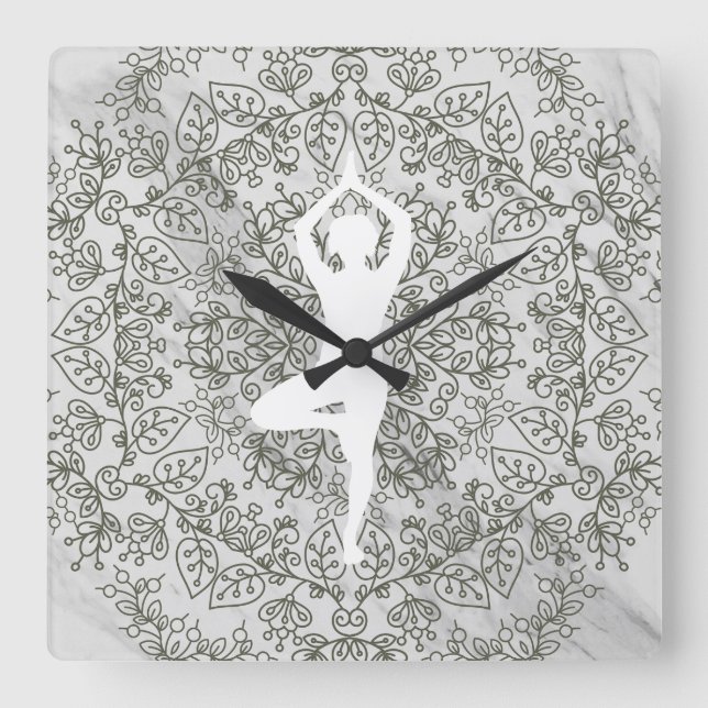 Reloj Cuadrado Pose de yoga de Namaste| Patrón Mandala (Anverso)