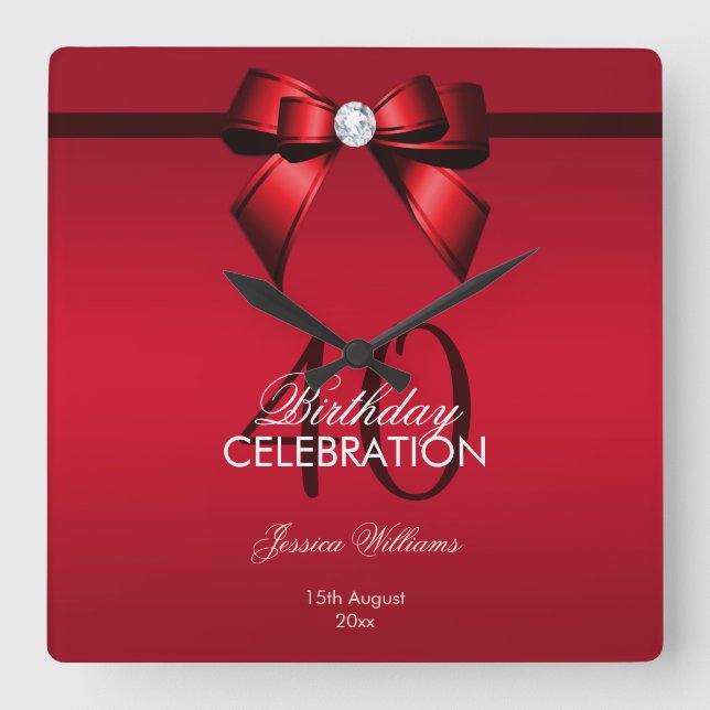Reloj Cuadrado Posh Gem Bow & Ribbon 40 cumpleaños (Anverso)