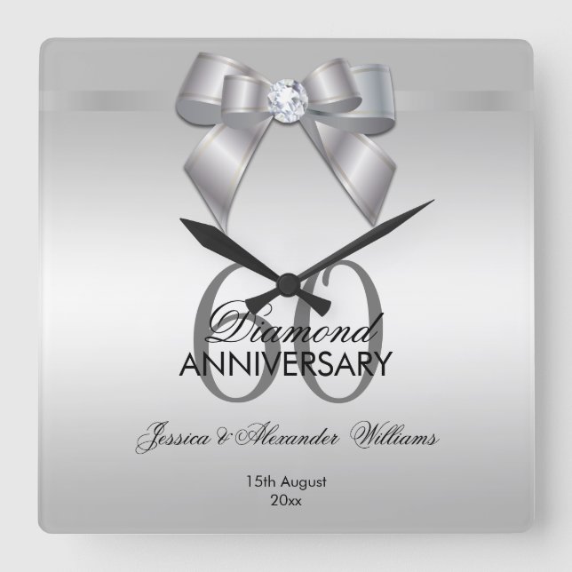 Reloj Cuadrado Posh Gem Bow y Ribbon 60° Aniversario Boda (Anverso)