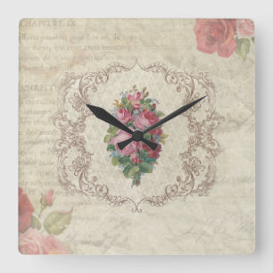 Reloj Cuadrado Postal floral francesa del vintage