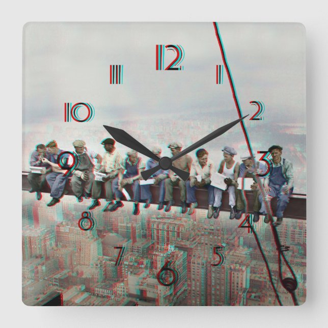 Reloj Cuadrado Poster Anaglyph 3D- Lunch atop Skyscraper New York (Anverso)