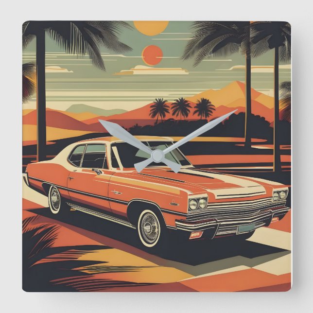 Reloj Cuadrado Poster de coches retro (Anverso)