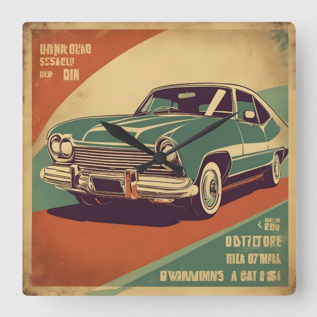 Reloj Cuadrado Poster de coches retro (Anverso)