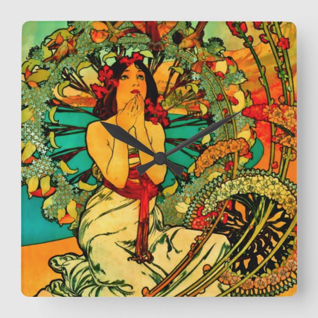 Reloj Cuadrado Póster de Mónaco Montecarlo de Alphonse Mucha (Anverso)