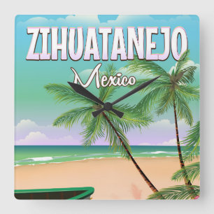 Reloj Cuadrado Póster de vacaciones de playa mexicanas en Zihuata