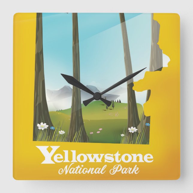 Reloj Cuadrado Poster de vacaciones del Parque Nacional Yellowsto (Anverso)