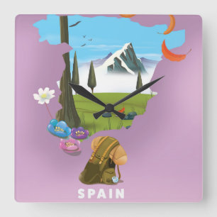 Reloj Cuadrado Póster de viaje con mapa ilustrado de España