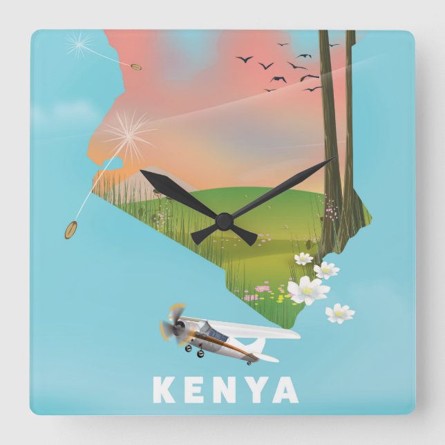 Reloj Cuadrado Póster de viaje de ilustración de mapa de Kenia. (Anverso)