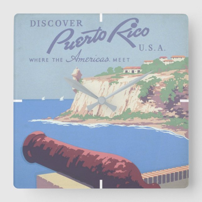 Reloj Cuadrado Poster de viajes de época promocionando Puerto Ric (Anverso)