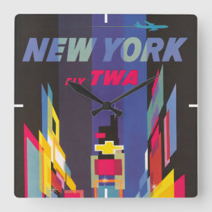 Reloj Cuadrado Poster de Viajes Vintage, Fly Twa, Nueva York
