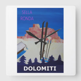 Reloj Cuadrado Poster retro Dolomiti Italia en Sella Ronda