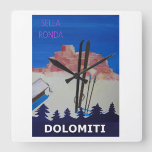 Reloj Cuadrado Poster retro Dolomiti Italia en Sella Ronda