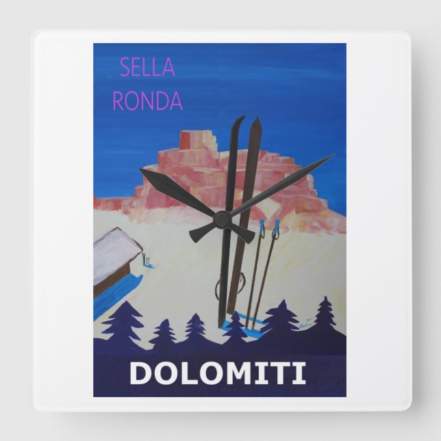 Reloj Cuadrado Poster retro Dolomiti Italia en Sella Ronda (Anverso)