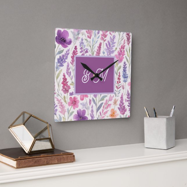 Reloj Cuadrado prado de primavera botánica rosa lila rosada Paste (Oficina)