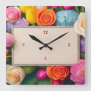Reloj Cuadrado Preciosas Rosas Tulipanes Hydrangeas Florales Enma