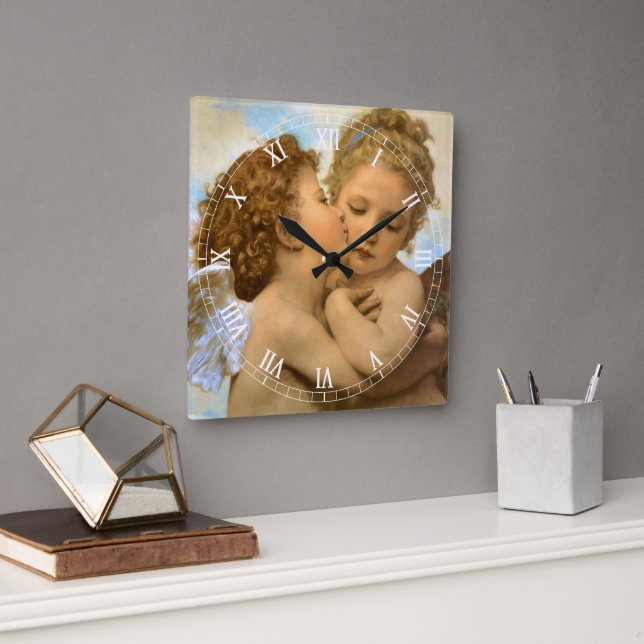 Reloj Cuadrado Primer beso (detalle de ángel) de Bouguereau (Oficina)