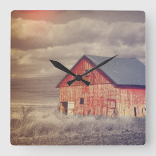 Reloj Cuadrado Primitiva Wood Granja de campo occidental Red Barn