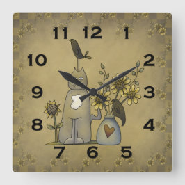 Reloj Cuadrado Primitive Country Crows Cat Sunflowers Wall Clock