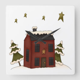 Reloj Cuadrado Primitivo colonial rojo en la nieve