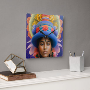 Reloj Cuadrado Princesa asiática con gran gorra azul
