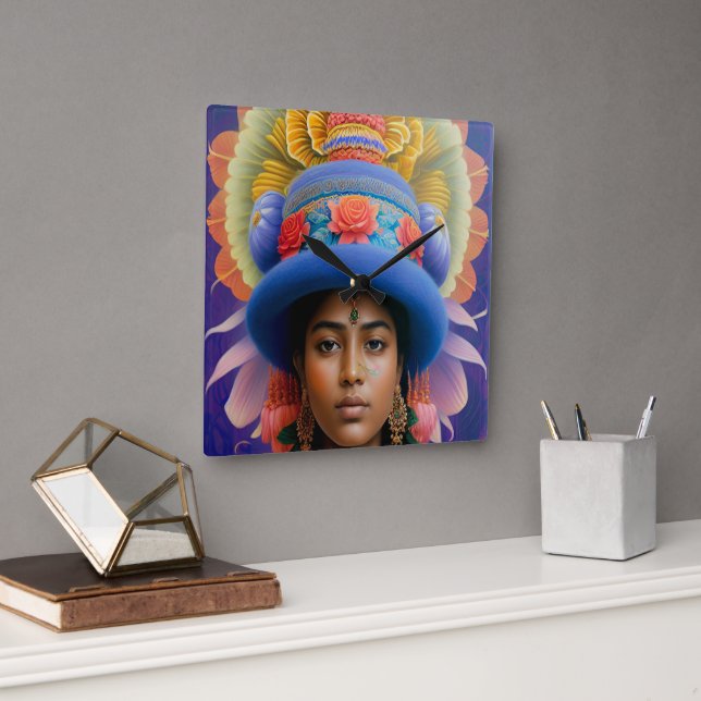 Reloj Cuadrado Princesa asiática con gran gorra azul (Oficina)