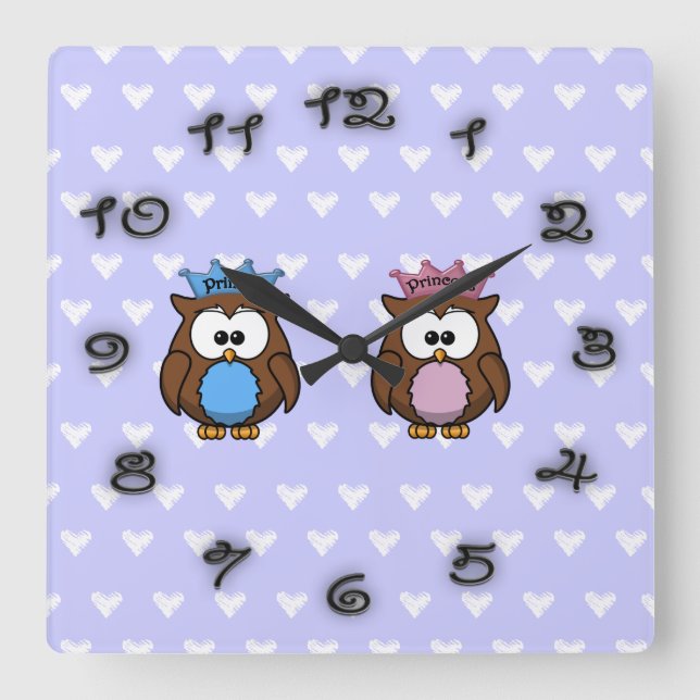 Reloj Cuadrado princesa de búho y príncipe (Anverso)