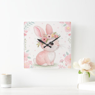 Reloj Cuadrado Princesa de conejito bebé con corona floral - Rosa