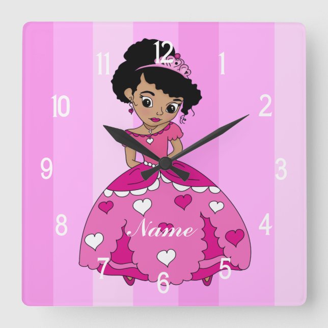 Reloj Cuadrado Princesa negra con cabello negro natural (Anverso)