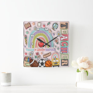 Reloj Cuadrado Profesor: Arcoiris, amor, inspirar, aprender