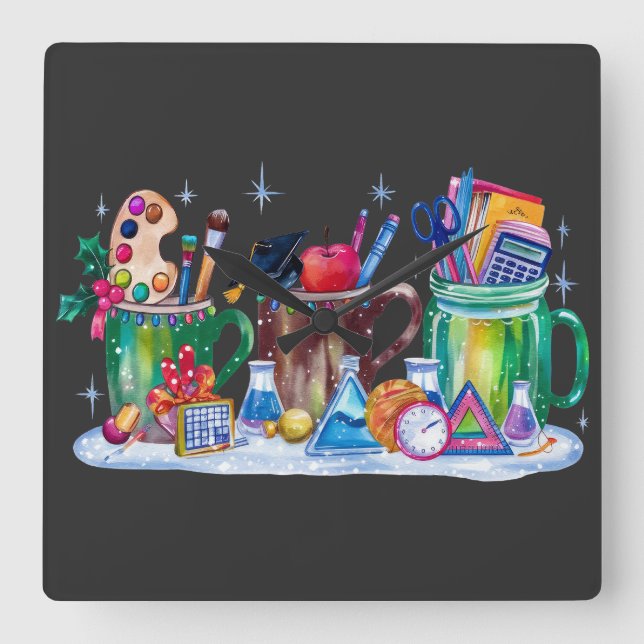 Reloj Cuadrado Profesor Navidad | Taza Alegre Profesor (Anverso)