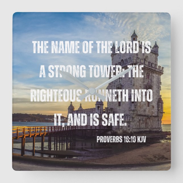 Reloj Cuadrado Proverbios 18:10 Biblia Verse Square Wall Clock (Anverso)